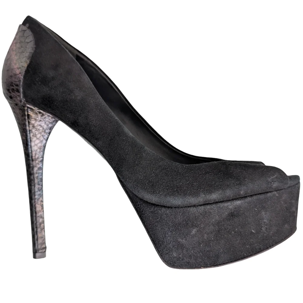 Brian Atwood Black Suede Snake Print Platform Pumps Heels Size 9 Designer Luxury